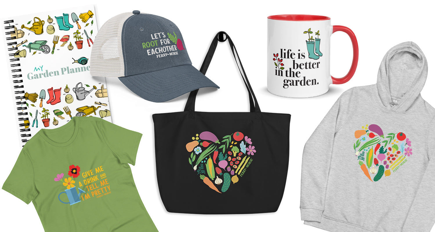 Ferry-Morse shirt, mug, tote bag, hat, journal, and sweatshirt merchandise